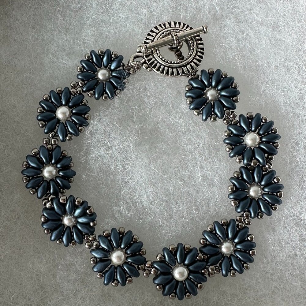 Blue Flower Beaded Bracelet with Pewter Clasp Handmade